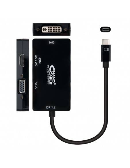 Nanocable Conversor USB-C a VGA   DVI   HВЬШ, 3 En 1. USB-C M-VGA H-DVI H-HDMI H 4K, Negro, 10 cm