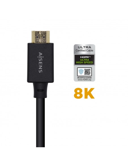 AISENS Cable HDMI V2.1 Ultra Alta Velocidad   HEC Certificado 8k@60Hz 48Gbps, A M-A M, Negro, 2.0m