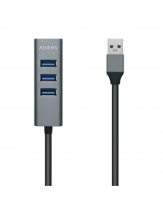 AISENS Hub USB3.0 Aluminio, Tipo A M - 4x Tipo A H, Negro, 30 cm