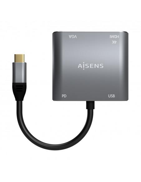 AISENS Conversor USB-C a VGA HDMI 4K USB3.0 USB-C PD, USB-C M-VGA H-HDMI H-USB-A H-USB-C H, Gris, 15CM