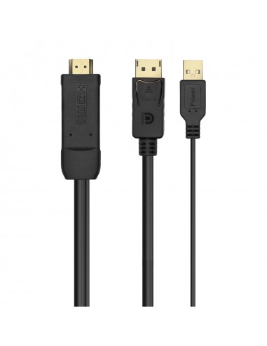 AISENS Cable Conversor Activo HDMI 2.0 + USB Alim. a DISPLAYPORT V1.2, HDMI M-USB M-DP M, Negro, 1.8M