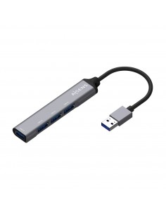 AISENS Hub USB 3.0 Aluminio, Tipo A M - 4x Tipo A H, Gris, 10cm