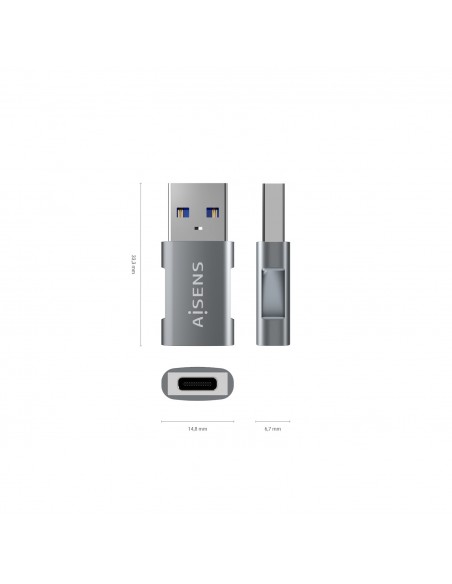 AISENS Mini Adaptador USB 3.2 GEN2 10G 3A, Tipo USB-C H-A M, Gris