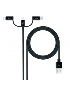 Nanocable Cable USB 3 en 1 Carga Datos USB-A a USB-C Micro USB Lightning 1 m, Negro