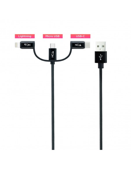 Nanocable Cable USB 3 en 1 Carga Datos USB-A a USB-C Micro USB Lightning 1 m, Negro