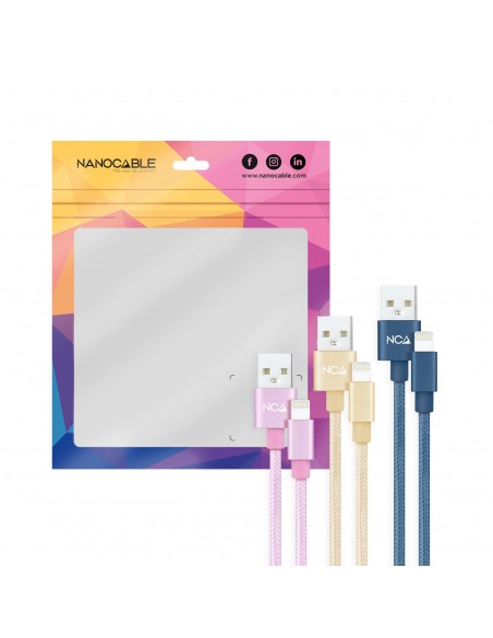 Nanocable 3 Cables Lightning a USB 2.0, Lightning M-USB A M, Rosa, Dorado y Azul Pacífico, 1 m